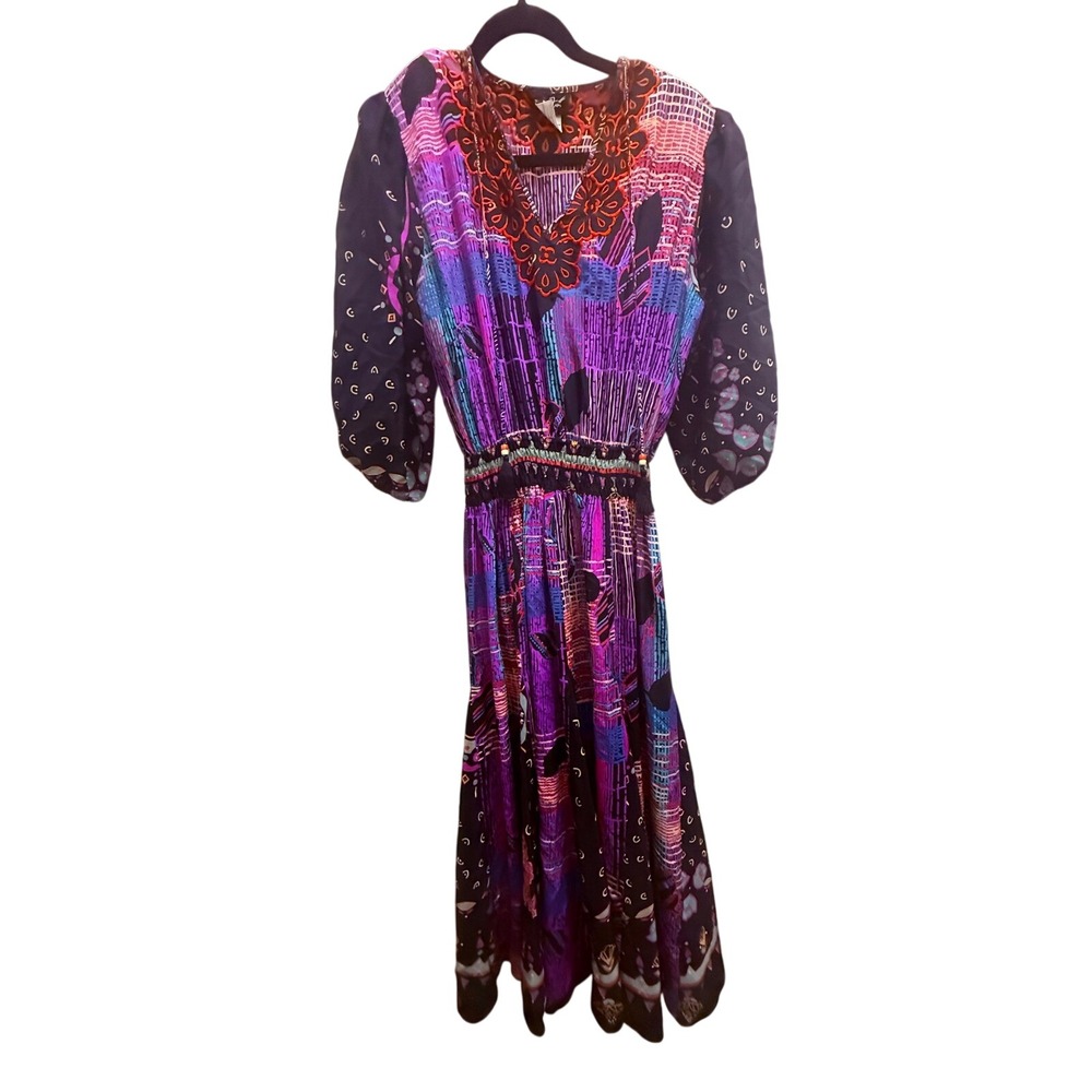 Diane Freis Vintage 100% Silk Mixed Print Embroidered Smocked Midi Dress LIMITED